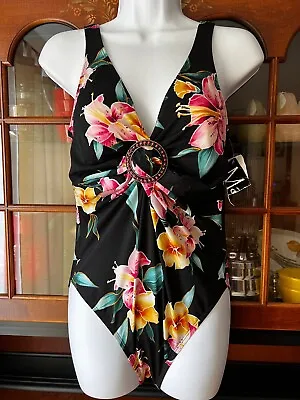 NWT MAGICSUIT By MIRACLESUIT SIZE 12 BLACK TROPICAL LILLY FLORAL SWIMSUIT TANK • $39.99