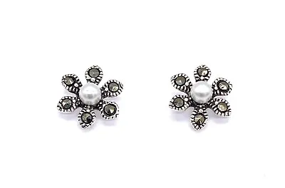 Flower Daisy Stud Earrings MARCASITE & Pearl 925 Sterling Silver 10 Mm Diameter • £9.99