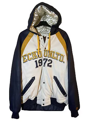 Ecko Unltd Mens L White Blue Leather Hoodie Bomber Jacket RARE Streetwear • $399