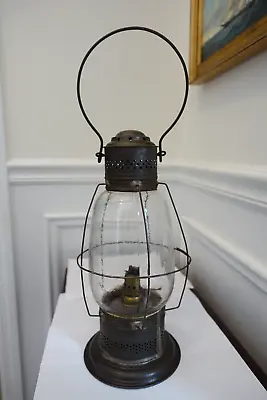 Antique Tin Whale Oil Lantern Lamp With Rare Glass Top Burner Wavy Glass 2 Seams • $375