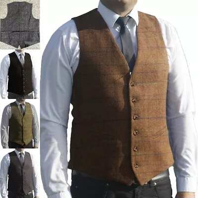 Men Plaid Waistcoat Tweed Vest Windowpane Wedding Vintage Wool Herringbone Groom • $18.99