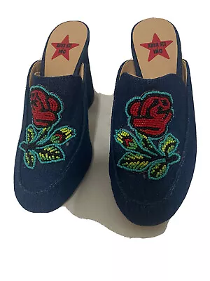 Anna Sui INC Shoes Denim Slip Mules On Block Heel Beaded Rose Western Size 5M • $34.99