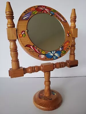 Vintage Wood Dresser Mirror Hand Painted Vanity Round Folk Floral 12  Tall • $19.99