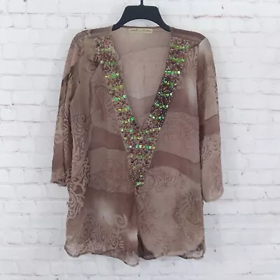 Miss Me Blouse Womens Large Brown Embellished Sheer 3/4 Sleeve V Neck Tunic  • $25