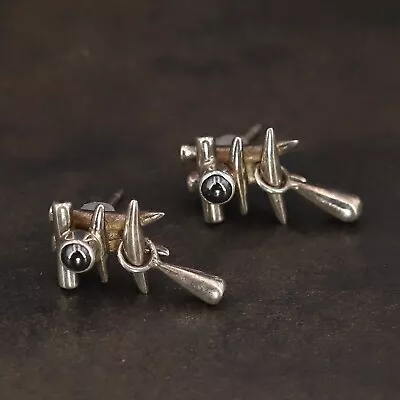 VTG Sterling Silver - MODERN Hematite Cabochon Dangle Charm Post Earrings - 3.5g • $8.50