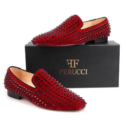 Men FERUCCI Burgundy Velvet Slippers Loafers Flat With Black Spikes Rivet Prom • $199.99