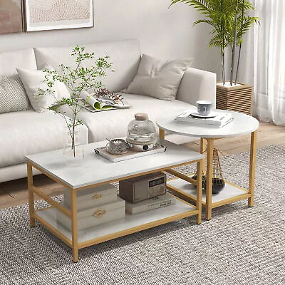 HOMCOM Coffee Tables Set Of 2 With Storage Shelves Faux Marble Top • $93.99