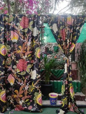 Black Vintage Style Floral Cottage Curtains Bold Botanical Curtains Set Of Two. • $48