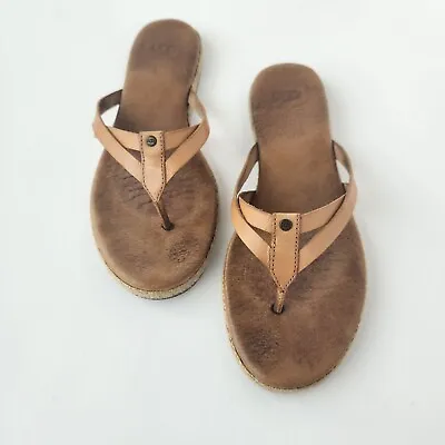 Ugg Sandals Flip Flop 7 Women's Tan Leather EU38 Summer Beige ComfyInsole 95  • $38