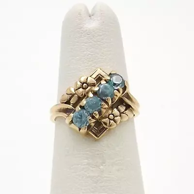 10K Rose Gold Genuine Blue Zircon December Birthstone Flower Bypass Mothers Ring • $295