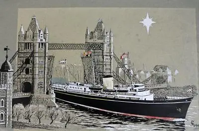 HUGH KNOLLYS Pen & Ink Drawing H M ROYAL YACHT BRITANNIA TOWER BRIDGE LONDON • £300