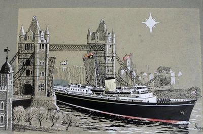 HUGH KNOLLYS Pen & Ink Drawing H M ROYAL YACHT BRITANNIA TOWER BRIDGE LONDON • £300