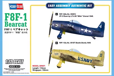 HobbyBoss 87267 Grumman F8F-1 Bearcat 1/72 Scale Plastic Model Kit • $23.05