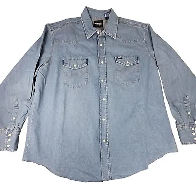 Vintage Wrangler Chambray Shirt Mens 2XL Blue Denim Pearl Snap Long Sleeve  • $22.49