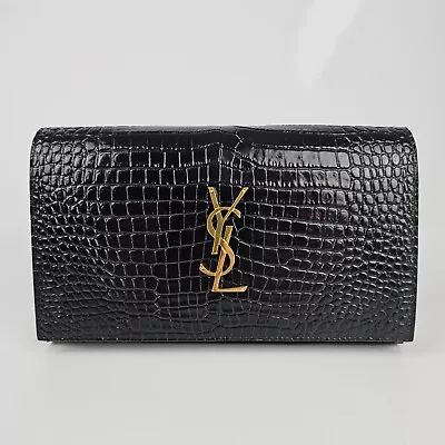 Saint Laurent Croc Embossed Black Leather Chain Wallet Bag New • $2614.86