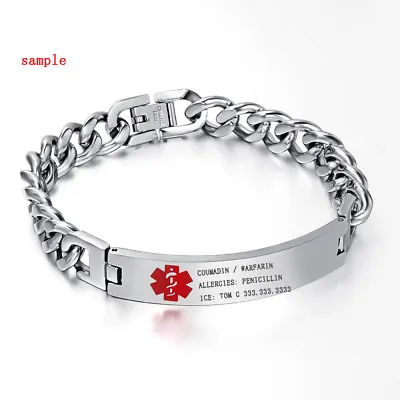 Free Engraving Men Medical Alert ID Bracelet SOS Chain Stainless Steel Silver 8' • £11.98