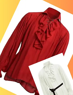 Medieval Spring Autumn Long Sleeve Ruffled Shirt Gothic Blouse 4XL Red • £32.02