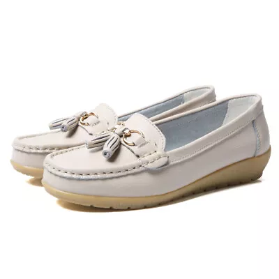 Ladies Real Leather Tassel Slip On Moccasin Flat Nautical Boat Shoes Loafers CZ • £12.85