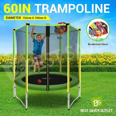 $159.79 • Buy Genki 60 Inch Kids Round Trampoline Jumping W/Safety Enclosure & Basketball Hoop