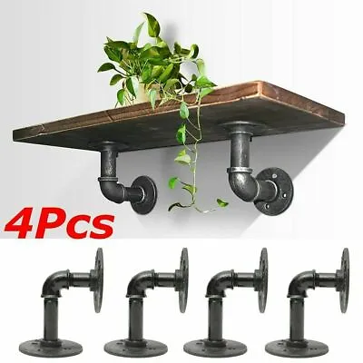 4X Pipe Shelf Brackets Industrial Iron Rustic Wall Floating Shelves Storage Unit • £10.95