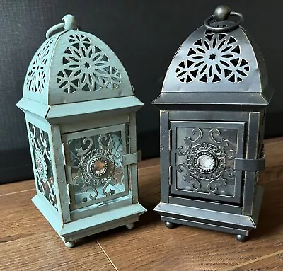 Pier One Moroccan Style Metal Glass Tea Light Lanterns (2) Blue Bronze • $13.99