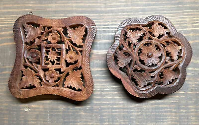 Hand Carved Lot Of 2 5” - 6” Wooden Trivet India Kitchen Hot Pad Boho Vintage • $17.99