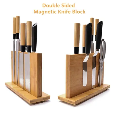 Double Sided Knife Holder Bamboo Magnetic Knife Storage Blocks Rack For Home • £17.78