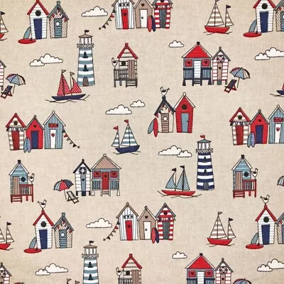 £4.50 • Buy Cotton Rich Linen Look Fabric Nautical Beach Huts Lighthouses Sail Boats