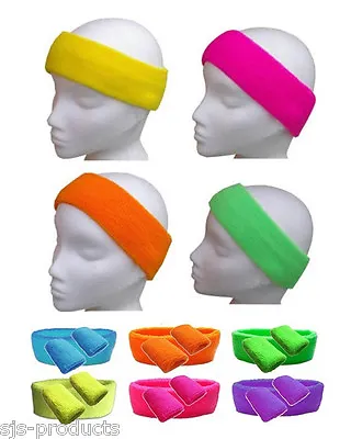 NEON Sweatbands Headband And 2 X Wrist Bands Set Fancy Dress 80s Party 9 COLOURS • £2.97