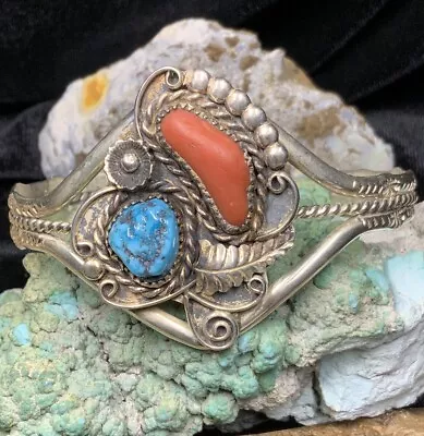 Navajo “Carl & Irene Clark” Sterling Silver Red Coral & Turquoise Cuff Bracelet • $495