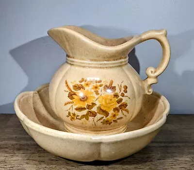 Vintage McCoy Pitcher And Basin Bowl Set # 7528 Yellow Speckled With Flowers EUC • $24.99