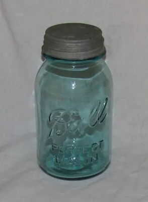 Vintage Ball Blue Glass PERFECT MASON Canning Jar 1 Quart With Zinc Lid #1 • $8.25