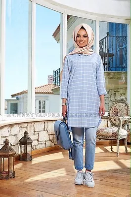 Muslim Women Clothing Hira Cotton Tunic Long SleeveTunic Top   - Light Blue • $20