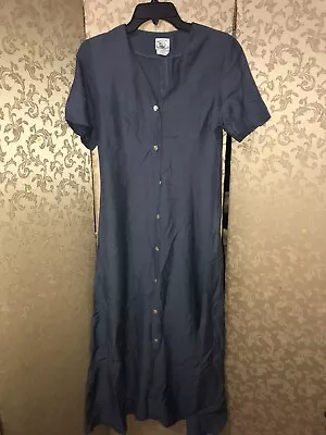 Laura Ashley Vintage Blue Silk Linen Summer Button Down Shirt Dress Size 8 • $39.99