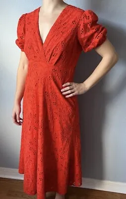 Maggy London Nia Orange Floral Eyelet Lace Puff Sleeve Dress Size 8 • $10.50