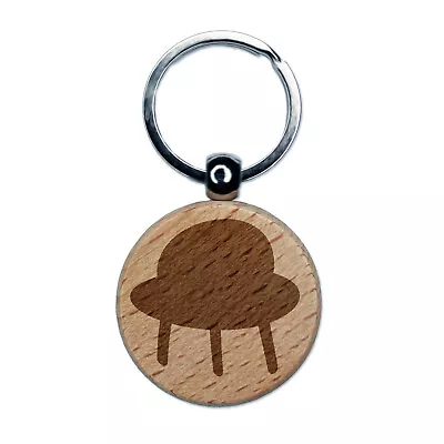 Space Ship UFO Solid Engraved Wood Round Keychain Tag Charm • $9.99