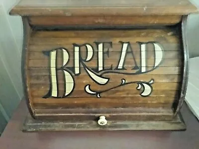 Vintage Solid Wood Countertop Bread Box 18 X 11 X 11.5   Ceramic Handle Roll Top • $54.95