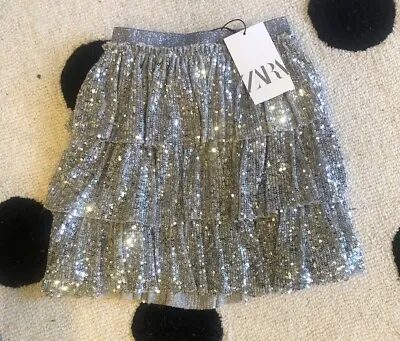 NWT Zara Kids Tiered Skirt - Silver Sequins - Size 9/134 Cm - Runs Small 7-8 • $19