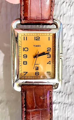 Timex Men's Tank-Style Retro Watch New Battery Great Condition Date Leather • $14.50