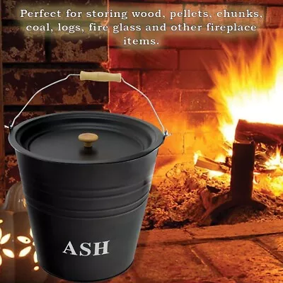 12L Metal Ash Bucket With Lid Wooden Handle Fireplace Container Litre Coal Bin • £11.95