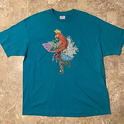 Vintage Parrot Bird T Shirt Men’s 2XL Green Blue USA Made 90s Hanes Y2K Flowers • $9.99