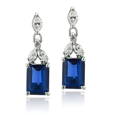 925 Silver Lab Created Blue Sapphire & CZ Rectangle Dangle Earrings • $22.99