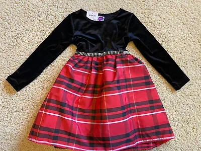 Dollie & Me Girl's Red Plaid Black Velvet Party Dress Size 4 Long Sleeve Bling • $7.99
