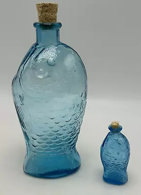 2 Vtg Glass Fish Shaped Bottles Blue Glass Set  Decanter 7.5  Nautical 3  Beach • $37.99