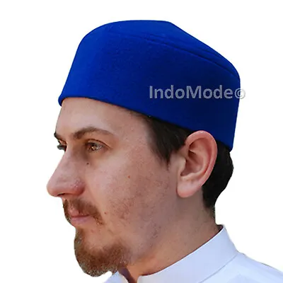 MUSLIM FASHION Soft Blue Moroccan Fez-style Kufi Hat Faux Felt Rigid Prayer Cap • $13.49