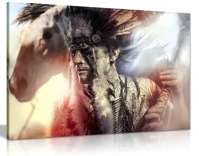 Native American Indian Warrior Chief Horse Canvas Wall Art Picture Print • £19.99
