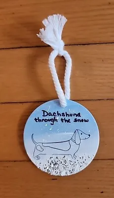 Dachshund Dog Christmas Ceramic Ornament 2.5  Round Blue & White  • $9.95