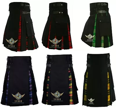 $69 • Buy Men's Scottish Hybrid Utility KILT Black Cotton & Tartan Under Pleated Kilts