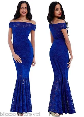 £34.99 • Buy Goddiva Blue Lace Bardot Maxi Evening Fishtail Formal Party Dress Prom Ball