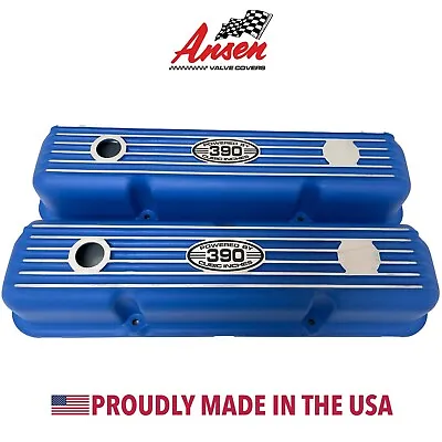 Ford FE 390 Short Valve Covers Blue  POWERED BY 390 CUBIC  - Style 1 - Ansen USA • $245